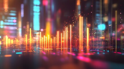 Poster - Vibrant abstract visualization of sound waves with glowing bars in a digital landscape, ideal for technology and music themes.