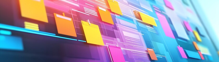 Poster - Vibrant digital abstraction featuring colorful sticky notes on a futuristic interface, ideal for tech and business themes.