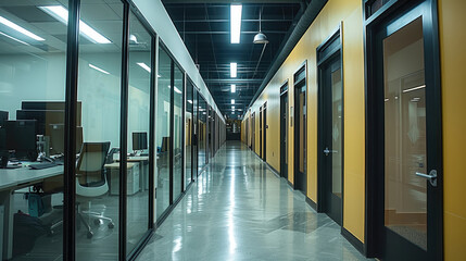 Poster - A long office hallway, black modern ceiling tiles, polished grey floor, on one side you have a variety of offices and conference rooms with large glass windows, the hallway is long.