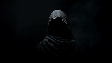 a dark figure in a black cloak stands in the shadows. its face is hidden by the hood, and its eyes a
