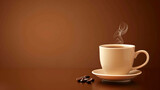 Here is the requested description:  "A steaming cup of coffee on a saucer, with coffee beans scattered on the table.