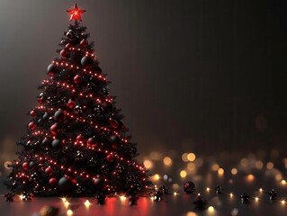 Red and black Christmas tree with glowing ornaments, 3D illustration