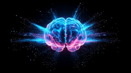 Leinwandbilder - A vibrant digital artwork depicts a brain surrounded by colorful light rays and particles against a dark backdrop, illustrating the concept of creativity and cognitive processes.