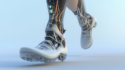 Aufkleber - A robotic foot in a white, high-top shoe runs on a white surface. The robotic leg is visible, with wires and gears exposed.