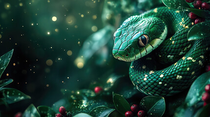 glossy emerald green graceful snake on right side of image on background of garlands, christmas, new 2025 year, symbol of year, chinese calendar, xmas, celebration, reptile, holiday, postcard