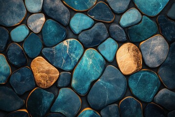 Colorful decorative stones arranged artistically in a mosaic pattern on a dark background