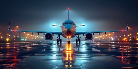 Poster - Modern aircraft on the runway at night.