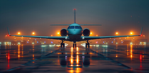 Poster - Modern aircraft on the runway at night.