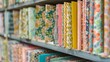 © Justlight - Bolts of colorful patterned fabrics are arranged on shelves in a store, offering a wide selection of textiles for sewing and crafts