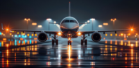 Poster - Modern aircraft on the runway at night.