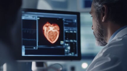 Fototapete - A doctor in a white coat looks at a computer screen. The screen shows a 3D scan of a heart. The doctor is focused on the image.