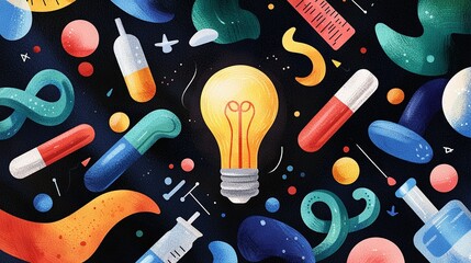 Wall Mural -   A yellow light bulb with colorful objects on a black background and a blue sky in the backdrop