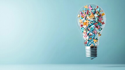 Wall Mural -   Blue background with colorful sprinkle-filled light bulb shape