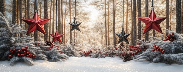 Christmas stars in red and black hanging in a snowy forest, 3D illustration