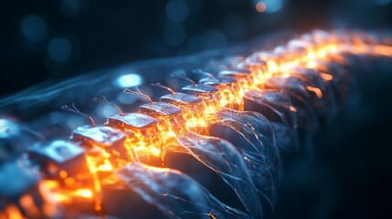 Fototapete - A glowing spine-like structure is depicted, illuminated by vibrant orange light.