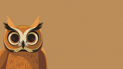 A close-up of an owl with big eyes staring at you. The owl has brown feathers and a white belly. The background is a solid brown color.