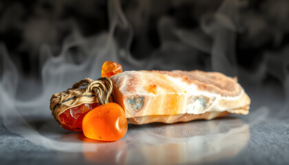 burning smudge bundle with citrine, carnelian and fire agate isolated with white highlights, png