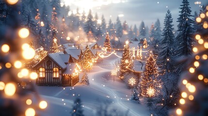 Poster - The winter Christmas village is a beautiful sight. The snow is falling gently and the lights are shining brightly.