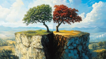 Two trees, one green and one red, grow on a cliff face that is split in two with a gap in the middle.