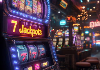 Close-up of a slot machine displaying triple sevens, indicating a jackpot win. Neon lights and casino ambiance in the background.

