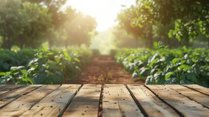 Wooden table with blurry farm background for product display.