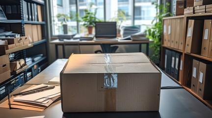 Poster - A box on an empty desk, the box is opened, work supplies in the box.