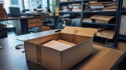 Poster - A box on an empty desk, the box is opened, work supplies in the box.