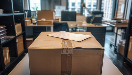 Poster - A box on an empty desk, the box is opened, work supplies in the box.