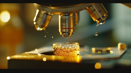 Poster - Golden liquid dripping from a microscope objective into a beaker filled with a bubbly solution, creating a sense of scientific discovery