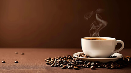 Wall Mural - A steaming cup of coffee on a saucer is placed on a table. There are coffee beans scattered around the cup. The background is a dark brown color.