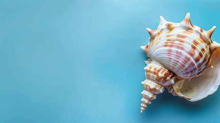 Wall Mural - This image shows a seashell on a blue background. The seashell is a conch shell, and it is white and brown in color.