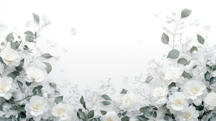 Poster - A white background with white flowers and green leaves arranged on the bottom left and right sides of the image.