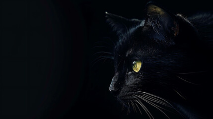 A black cat sits in the darkness, its eyes glowing green in the light. The cat is sleek and muscular, with a long tail and sharp claws.