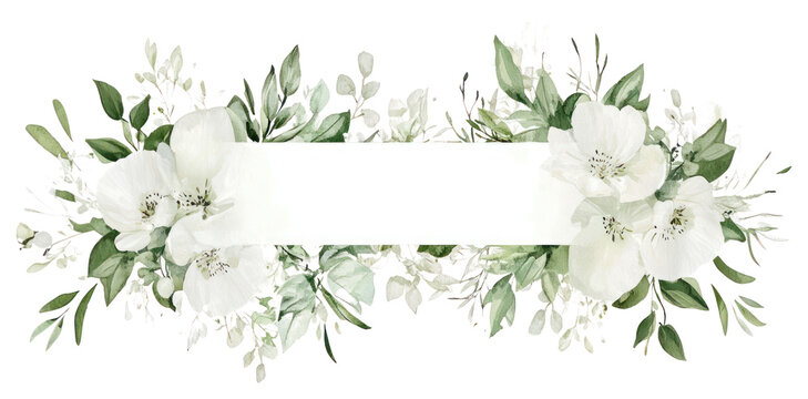 PNG White and green wedding flowers on invisible rectangle frame illustration watercolor style.