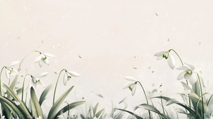 Poster - A cluster of elegant snowdrop flowers stands tall amongst lush green leaves, gently bending as a soft breeze rustles through.