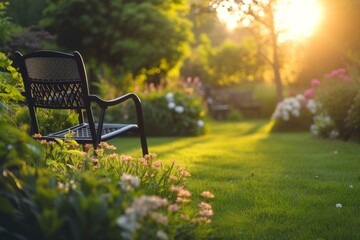 A serene black chair nestled in a vibrant floral garden during the golden hour, capturing nature\'s tranquility and beauty