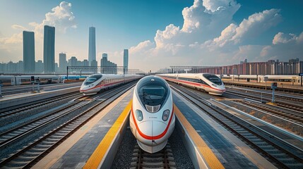 Aufkleber - A high-speed train station, with many modern and sleek high-speed trains parked at the platform. In front of it stands one huge railway track leading to faraway places. Aerial view.