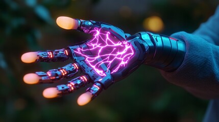 Aufkleber - A futuristic robotic hand displays vibrant electric energy coursing through its design, set against a backdrop of a tech exhibition. The glowing fingers highlight innovative advancements in robotics.