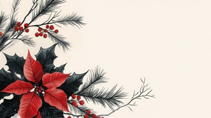 Poster - A stunning display of red poinsettias, green pine branches, and bright berries brightens a pale backdrop, creating a festive winter holiday atmosphere for seasonal decor.