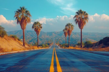 Wall Mural - A quiet road lined with palm trees on a sunny day in a scenic landscape