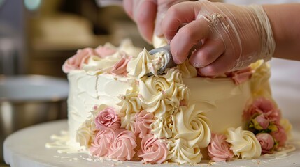 Pastry chef uses a piping bag to create beautiful buttercream roses on a two tiered cake, showcasing their skill and artistry