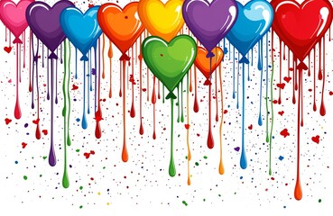 Colorful dripping hearts on a splattered background