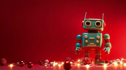 Colorful Christmas robot toy with holiday lights isolated on a bright red background, with tiny ornaments