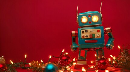 Colorful Christmas robot toy with holiday lights isolated on a bright red background, with tiny ornaments