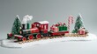 © fivan - Miniature Christmas train with tiny gifts, isolated on a soft gray background, with decorative candy canes and holly leaves