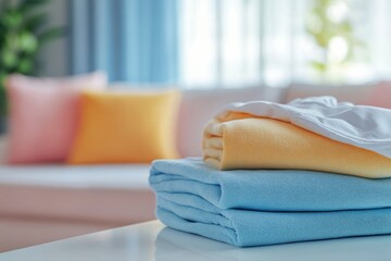 Soft blue towels neatly stacked on a table in a bright and cozy living room setting