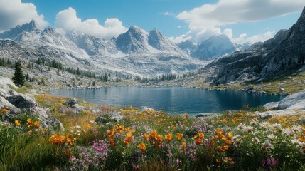 A serene alpine lake surrounded by snow-capped mountains and a field of wildflowers under a clear blue sky.