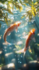 Wall Mural - Two koi fish swimming gracefully in a serene pond surrounded by lush greenery and sunlight