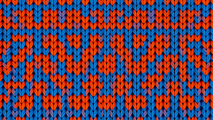 Orange blue seamless knitted texture. Cross over stitch pattern. Volumetric crochet striped pattern. Generative AI