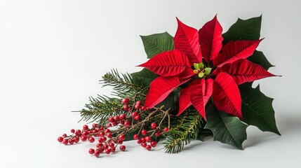 Aufkleber - A vibrant arrangement of red poinsettias alongside green foliage and red berries sits against a light background. The display captures the essence of holiday cheer and winter festivities.